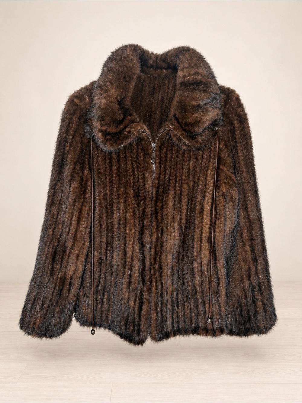 Belle Fare Genuine Danish Mink Fur Knit Jacket Brown - Large
